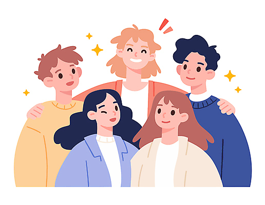 여자 남자 일러스트 어깨동무 함께함 여러명 상반신 성인 반짝임 손들기 우정 성인만 국내일러스트 AI파일 포즈 다수 컨셉 모션 사람 친구 파일형식 벡터