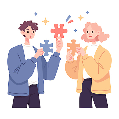 여자 남자 일러스트 함께함 들기 성인 두명 반짝임 손들기 우정 퍼즐조각 성인만 국내일러스트 AI파일 조각 컨셉 모션 사람 친구 퍼즐 파일형식 벡터