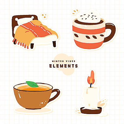 식물 스티커 겨울 일러스트 촛불 베개 잔 사람없음 컵 이불 머그컵 침대 찻잔 오브젝트 코코아 찻잎 엘리먼트 휘핑크림 국내일러스트 AI파일 식기 계절 음료 가구 초 침구 차_음료 크림 휘핑 파일형식 벡터