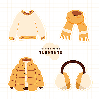 스티커 겨울 일러스트 사람없음 노란색 목도리 스웨터 귀마개 오브젝트 패딩 엘리먼트 국내일러스트 AI파일 잡화 계절 컬러 상의 점퍼 파일형식 벡터