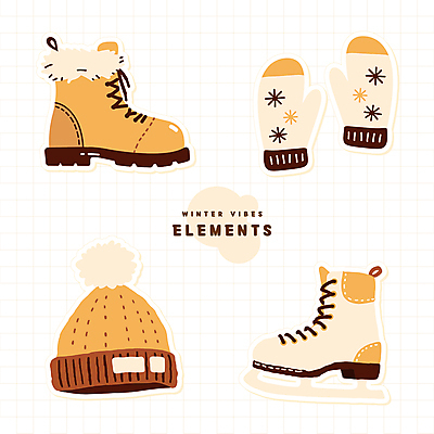 스티커 겨울 일러스트 털모자 부츠 사람없음 노란색 스케이트 오브젝트 엘리먼트 손모아장갑 국내일러스트 AI파일 모자_잡화 계절 스포츠용품 컬러 장갑 신발 파일형식 벡터