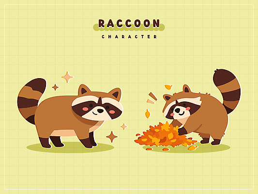 캐릭터 별 동물캐릭터 스티커 낙엽 일러스트 그림자 사람없음 반짝임 귀여움 너구리 치우기 일러캐릭터 AI파일 자연요소 동물 컨셉 잎 포유류 모션 파일형식 벡터