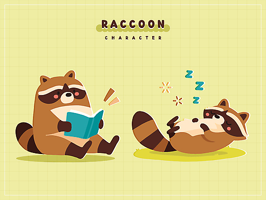 캐릭터 동물캐릭터 스티커 일러스트 그림자 들기 앉기 사람없음 책 눕기 독서 귀여움 잠 너구리 일러캐릭터 AI파일 동물 컨셉 포유류 모션 파일형식 벡터