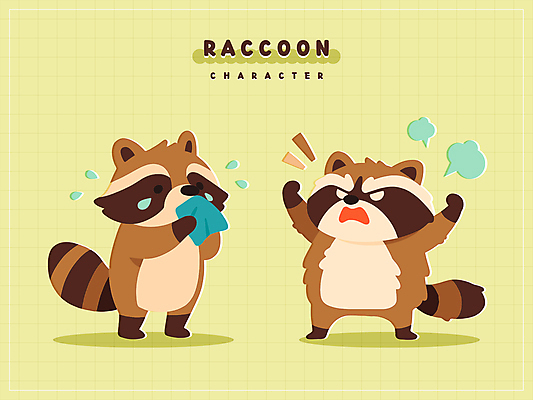 캐릭터 동물캐릭터 스티커 일러스트 그림자 사람없음 손들기 귀여움 분노 울음 눈물 손수건 너구리 일러캐릭터 AI파일 동물 감정 컨셉 포유류 모션 표정 파일형식 벡터