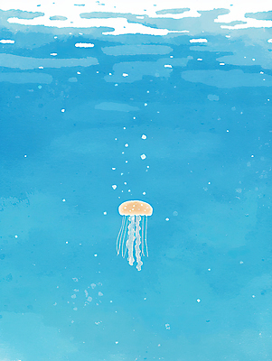 JPG 바다 하늘색 일러스트 자연 수채화 풍경 사람없음 바닷속 거품 감성 해파리 국내일러스트 AI일러스트 AI콘텐츠 컨셉 파란색 수중 자포동물 생태계 파일형식