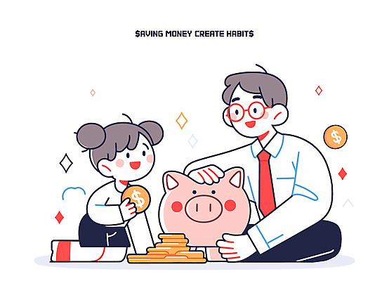 전신 여자 교육 남자 어린이 일러스트 들기 소녀 성인 두명 반짝임 달러 저축 돼지저금통 잡기 무릎꿇기 가부좌 습관 동전탑 안경낌 부녀 국내일러스트 AI파일 딸 안경 돈 가족 모션 사람 앉기 금융 쌓기 동전 저금통 아빠 파일형식 벡터