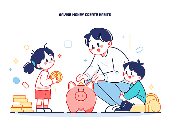 전신 여자 교육 남자 어린이 일러스트 가족 들기 앉기 소녀 소년 성인 세명 반짝임 달러 저축 돼지저금통 웅크림 습관 넣기 동전탑 국내일러스트 AI파일 돈 관계 모션 사람 금융 쌓기 동전 저금통 파일형식 벡터