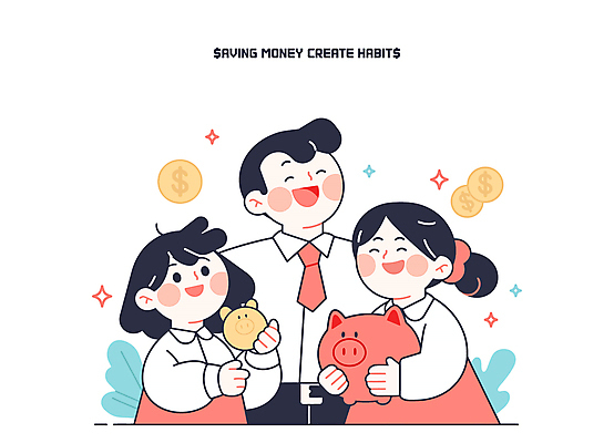 여자 교육 남자 어린이 일러스트 넥타이 들기 소녀 성인 세명 반짝임 달러 동전 저축 돼지저금통 습관 부녀 국내일러스트 AI파일 잡화 딸 돈 가족 모션 사람 금융 저금통 아빠 파일형식 벡터