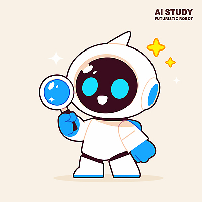 교육 일러스트 돋보기 미래 미소 들기 사람없음 반짝임 발전 로봇 첨단 AI_인공지능 일러캐릭터 AI파일 캐릭터 컨셉 모션 표정 파일형식 벡터