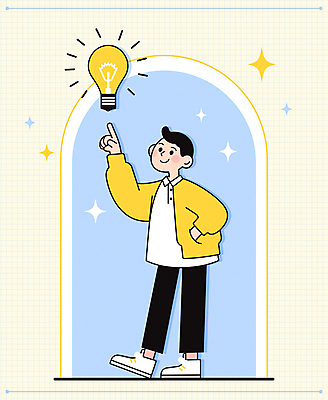 전신 남자 하늘색 생각 일러스트 전구 아이디어 한명 성인 반짝임 노란색 가리킴 주머니손 창의력 성인남자한명만 깨달은 국내일러스트 AI파일 1 컬러 컨셉 모션 사람 손짓 파란색 남자한명만 성인남자만 파일형식 벡터