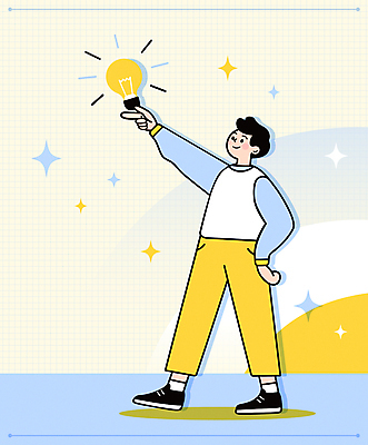 전신 남자 허리손 하늘색 생각 일러스트 전구 아이디어 한명 성인 반짝임 노란색 가리킴 창의력 성인남자한명만 깨달은 국내일러스트 AI파일 1 컬러 포즈 컨셉 모션 사람 손짓 파란색 남자한명만 성인남자만 파일형식 벡터