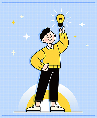 전신 남자 허리손 하늘색 생각 일러스트 전구 아이디어 한명 성인 반짝임 노란색 가리킴 창의력 성인남자한명만 깨달은 국내일러스트 AI파일 1 컬러 포즈 컨셉 모션 사람 손짓 파란색 남자한명만 성인남자만 파일형식 벡터