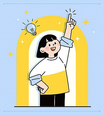 여자 허리손 하늘색 생각 일러스트 전구 아이디어 한명 성인 반짝임 노란색 가리킴 창의력 성인여자한명만 깨달은 국내일러스트 AI파일 1 컬러 포즈 컨셉 모션 사람 손짓 파란색 여자한명만 성인여자만 파일형식 벡터