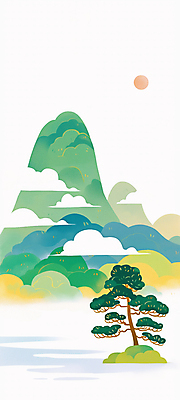 JPG 구름 전통 일러스트 풍경 사람없음 초록색 태양 소나무 산수화 산맥 국내일러스트 AI일러스트 AI콘텐츠 자연요소 나무 컬러 산 동양화 파일형식