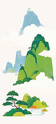 JPG 구름 전통 일러스트 풍경 사람없음 초록색 소나무 산수화 산맥 국내일러스트 AI일러스트 AI콘텐츠 자연요소 나무 컬러 산 동양화 파일형식