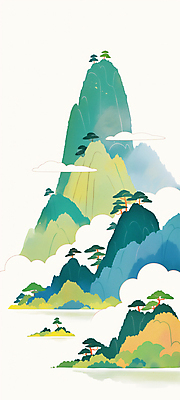 JPG 구름 전통 일러스트 풍경 사람없음 초록색 소나무 산수화 산맥 국내일러스트 AI일러스트 AI콘텐츠 자연요소 나무 컬러 산 동양화 파일형식