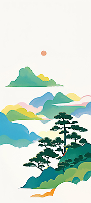 JPG 구름 전통 일러스트 풍경 사람없음 초록색 태양 소나무 산수화 산맥 국내일러스트 AI일러스트 AI콘텐츠 자연요소 나무 컬러 산 동양화 파일형식