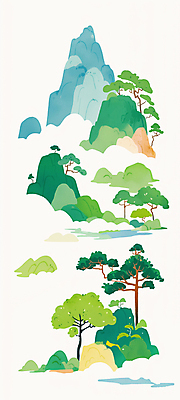 JPG 구름 전통 일러스트 풍경 사람없음 초록색 소나무 산수화 산맥 국내일러스트 AI일러스트 AI콘텐츠 자연요소 나무 컬러 산 동양화 파일형식