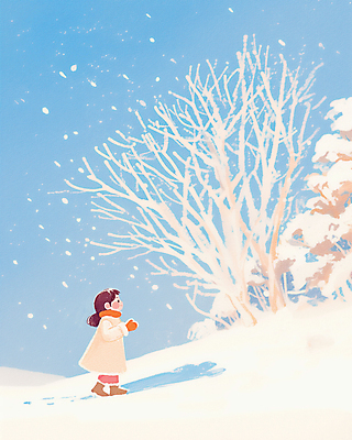 JPG 전신 나무 여자 어린이 하늘색 겨울 일러스트 색연필 한명 소녀 설원 목도리 추위 눈 발자국 감성 소녀한명만 국내일러스트 AI일러스트 AI콘텐츠 자연요소 식물 1 잡화 계절 컨셉 자국 날씨 학용품 눈_날씨 사람 파란색 여자한명만 소녀만 파일형식