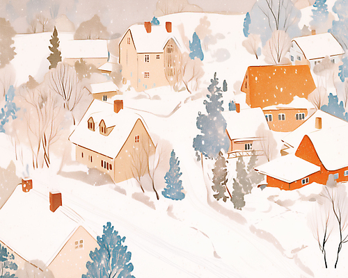 JPG 나무 겨울 일러스트 색연필 주택 사람없음 마을 목도리 추위 눈 감성 아이보리 국내일러스트 AI일러스트 AI콘텐츠 자연요소 식물 잡화 계절 컬러 컨셉 날씨 학용품 건물 파일형식