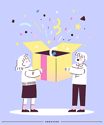 전신 여자 남자 행복 일러스트 폭죽 웃음 들기 이벤트 성인 두명 선물상자 쇼핑 보라색 오픈 즐거움 꽃가루 성인만 언박싱 국내일러스트 AI파일 감정 컬러 모션 표정 선물 사람 상자 가루 파일형식 벡터