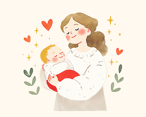 PSD 여자 행복 잎 일러스트 가족 안기 따뜻함 웃음 상반신 성인 두명 반짝임 눈감음 하트 아기 포대기 국내일러스트 모양 식물 감정 관계 모션 표정 사람 아기용품 파일형식