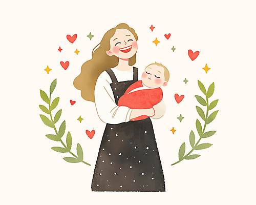 PSD 여자 행복 잎 일러스트 가족 안기 따뜻함 웃음 상반신 성인 두명 반짝임 눈감음 하트 아기 포대기 국내일러스트 모양 식물 감정 관계 모션 표정 사람 아기용품 파일형식