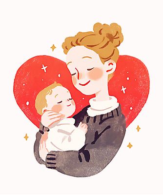 PSD 여자 행복 잎 일러스트 가족 안기 따뜻함 웃음 상반신 성인 두명 반짝임 눈감음 하트 아기 포대기 국내일러스트 모양 식물 감정 관계 모션 표정 사람 아기용품 파일형식