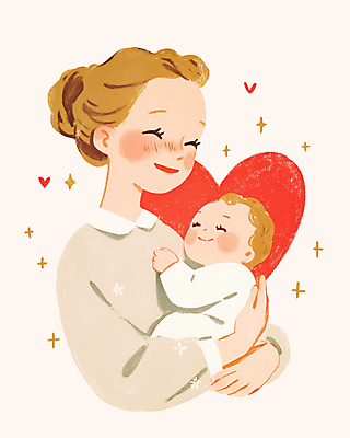 PSD 여자 행복 잎 일러스트 가족 안기 따뜻함 웃음 상반신 성인 두명 반짝임 눈감음 하트 아기 포대기 국내일러스트 모양 식물 감정 관계 모션 표정 사람 아기용품 파일형식