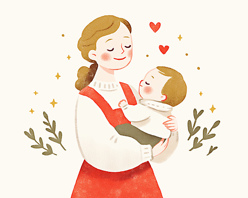 PSD 여자 행복 잎 일러스트 가족 안기 따뜻함 웃음 성인 두명 반짝임 눈감음 하트 아기 포대기 국내일러스트 모양 식물 감정 관계 모션 표정 사람 아기용품 파일형식