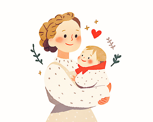 PSD 여자 행복 잎 일러스트 가족 안기 따뜻함 웃음 성인 두명 반짝임 눈감음 하트 아기 포대기 국내일러스트 모양 식물 감정 관계 모션 표정 사람 아기용품 파일형식