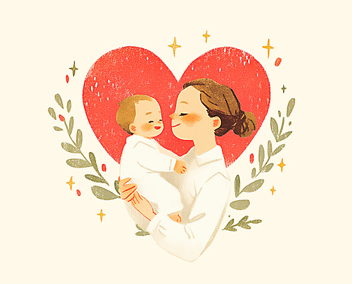 PSD 여자 행복 잎 일러스트 가족 안기 따뜻함 웃음 상반신 성인 두명 반짝임 눈감음 하트 아기 포대기 국내일러스트 모양 식물 감정 관계 모션 표정 사람 아기용품 파일형식
