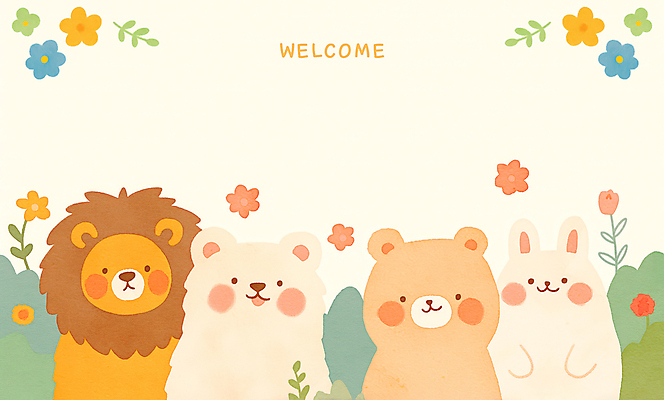 PSD 꽃 일러스트 곰 프레임 웃음 사람없음 귀여움 토끼 강아지 사자 신학기 풀숲 환영 카피스페이스 국내일러스트 식물 동물 컨셉 포유류 표정 반려동물 공백 개 숲 파일형식