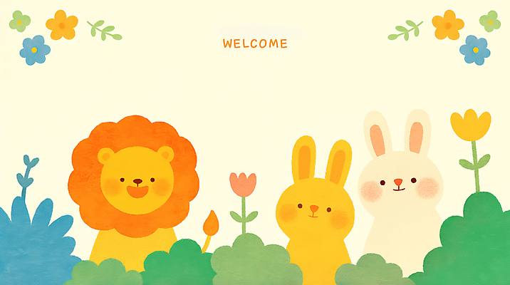 PSD 꽃 일러스트 프레임 웃음 사람없음 귀여움 토끼 사자 신학기 풀숲 환영 카피스페이스 국내일러스트 식물 컨셉 포유류 표정 반려동물 공백 숲 파일형식