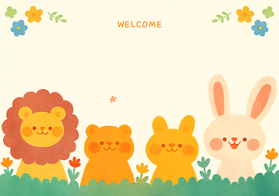 PSD 꽃 일러스트 곰 프레임 웃음 사람없음 귀여움 토끼 사자 신학기 풀숲 환영 카피스페이스 국내일러스트 식물 동물 컨셉 포유류 표정 반려동물 공백 숲 파일형식