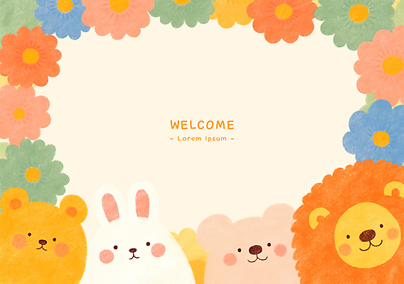 PSD 꽃 일러스트 곰 프레임 웃음 사람없음 귀여움 토끼 사자 신학기 환영 쿼카 카피스페이스 국내일러스트 식물 동물 컨셉 포유류 표정 반려동물 공백 파일형식