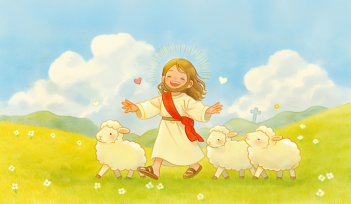 JPG 전신 구름 남자 기독교 나비 십자가 꽃밭 일러스트 하늘 한명 들기 잔디 성인 걷기 봄풍경 하트 끈 양 예수 후광 성인남자한명만 국내일러스트 AI일러스트 AI콘텐츠 자연요소 모양 식물 1 꽃 종교 곤충 포유류 모션 사람 풍경 빛 봄 신_종교 남자한명만 성인남자만 파일형식