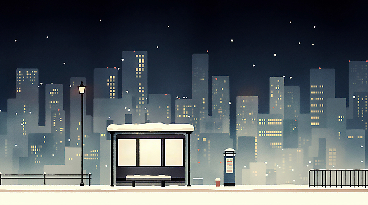 JPG 설경 야경 가로등 일러스트 밤하늘 사람없음 건물 울타리 고요 눈 도시 버스정류장 남색 쌓인눈 국내일러스트 AI일러스트 AI콘텐츠 자연요소 건축물 공공시설 컬러 겨울 하늘 날씨 풍경 담장 역 야간 파일형식 풍경_경치