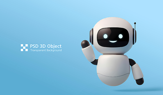 PSD 편집이미지 하늘색 3D캐릭터 미소 사람없음 3D 귀여움 로봇 오브젝트 손인사 광택 AI_인공지능 편집3D 캐릭터 컨셉 표정 파란색 인사 디지털합성 파일형식