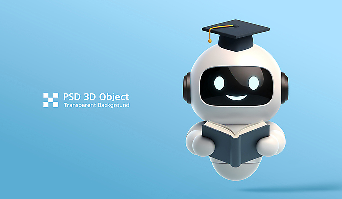 PSD 편집이미지 하늘색 학사모 3D캐릭터 미소 들기 사람없음 책 3D 귀여움 로봇 오브젝트 광택 AI_인공지능 편집3D 캐릭터 모자_잡화 컨셉 졸업 모션 표정 파란색 디지털합성 파일형식