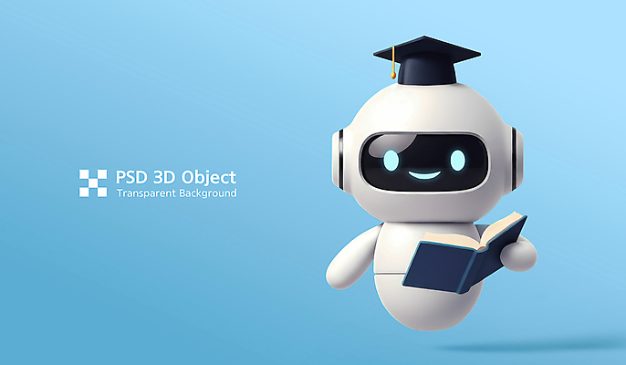 PSD 편집이미지 하늘색 학사모 3D캐릭터 미소 들기 사람없음 책 3D 귀여움 로봇 오브젝트 광택 AI_인공지능 편집3D 캐릭터 모자_잡화 컨셉 졸업 모션 표정 파란색 디지털합성 파일형식
