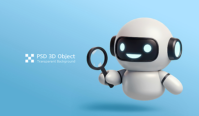 PSD 편집이미지 하늘색 돋보기 3D캐릭터 미소 들기 사람없음 3D 귀여움 로봇 오브젝트 광택 AI_인공지능 편집3D 캐릭터 컨셉 모션 표정 파란색 디지털합성 파일형식