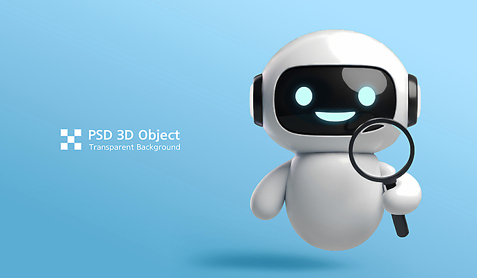 PSD 편집이미지 하늘색 돋보기 3D캐릭터 미소 들기 사람없음 3D 귀여움 로봇 오브젝트 광택 AI_인공지능 편집3D 캐릭터 컨셉 모션 표정 파란색 디지털합성 파일형식