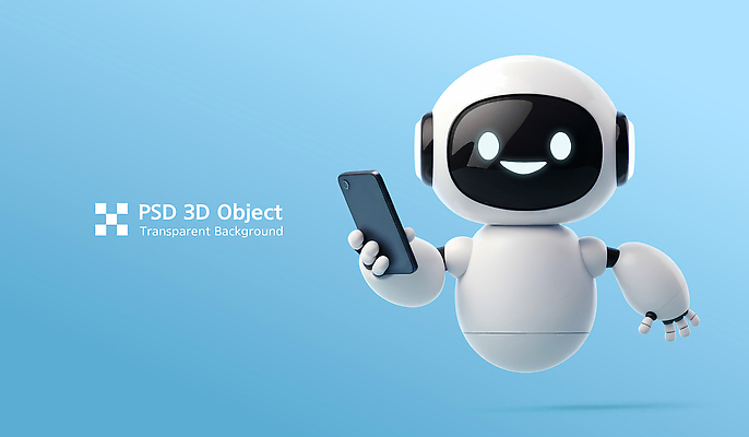 PSD 편집이미지 하늘색 3D캐릭터 미소 들기 사람없음 스마트폰 3D 귀여움 로봇 오브젝트 광택 AI_인공지능 편집3D 캐릭터 컨셉 모션 표정 파란색 핸드폰 스마트기기 디지털합성 파일형식