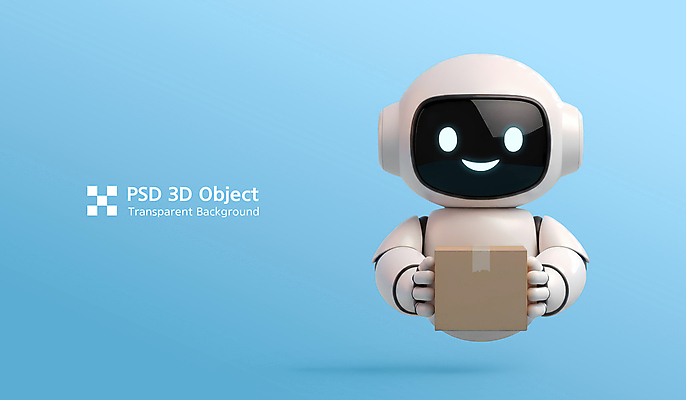 PSD 편집이미지 하늘색 3D캐릭터 미소 들기 사람없음 3D 귀여움 로봇 오브젝트 광택 택배상자 AI_인공지능 편집3D 캐릭터 컨셉 모션 표정 파란색 상자 디지털합성 택배 파일형식