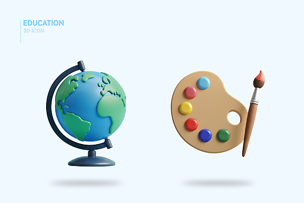 PSD 아이콘 교육 하늘색 사람없음 3D아이콘 지구본 3D 물감 붓 팔레트 오브젝트 엘리먼트 편집3D 파란색 미술도구 디지털합성 파일형식