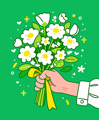 손 행복 리본 꽃다발 일러스트 선물 신체부위 초록색 잡기 주기 국내일러스트 AI파일 꽃 감정 컬러 모션 사람 파일형식 벡터