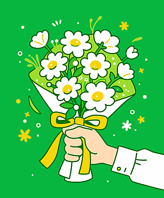 손 행복 리본 꽃다발 일러스트 선물 신체부위 초록색 잡기 주기 국내일러스트 AI파일 꽃 감정 컬러 모션 사람 파일형식 벡터