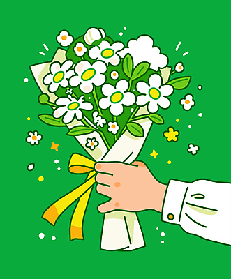 손 행복 리본 꽃다발 일러스트 선물 신체부위 초록색 잡기 주기 국내일러스트 AI파일 꽃 감정 컬러 모션 사람 파일형식 벡터