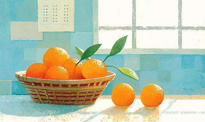 JPG 하늘색 잎 일러스트 창문 탁자 귤 사람없음 바구니 담기 정물화 타일벽 국내일러스트 AI일러스트 AI콘텐츠 식물 벽 가구 과일 모션 파란색 그림 파일형식